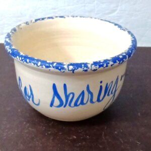 Blue Spongeware Popcorn Bowl w/ "for Sharing' Written on Bowl 6.5" Diameter